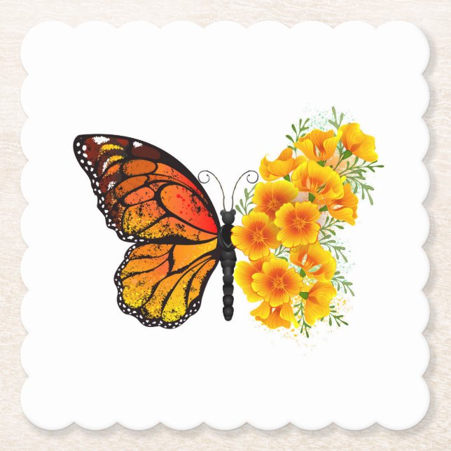 Flower Butterfly with Yellow California Poppy Paper Coaster (Front)
