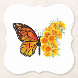 Flower Butterfly with Yellow California Poppy Paper Coaster