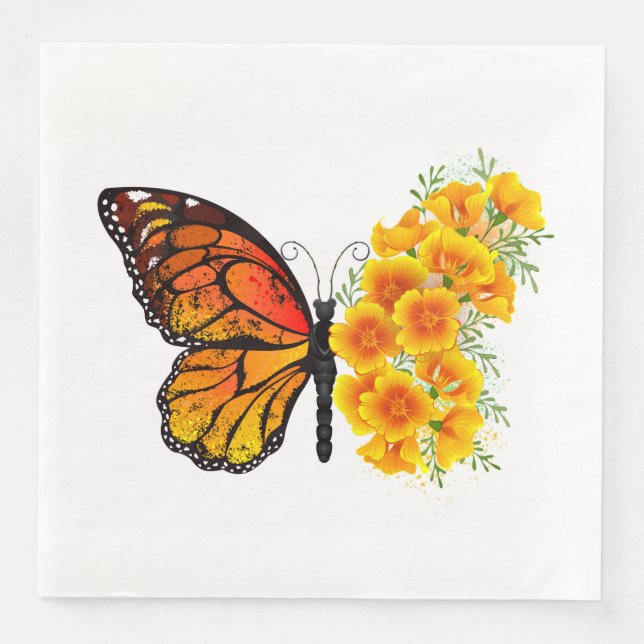 Flower Butterfly with Yellow California Poppy Paper Dinner Napkins (Front)