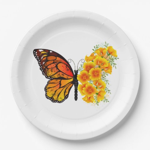 Flower Butterfly with Yellow California Poppy Paper Plates