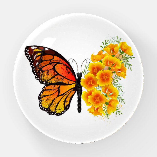 Flower Butterfly with Yellow California Poppy Paperweight (Front)