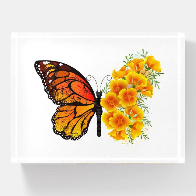 Flower Butterfly with Yellow California Poppy Paperweight (Front)