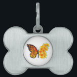 Flower Butterfly with Yellow California Poppy Pet ID Tag<br><div class="desc">Orange, detailed monarch butterfly with wing decorated with yellow, vibrant California poppy on white background.</div>