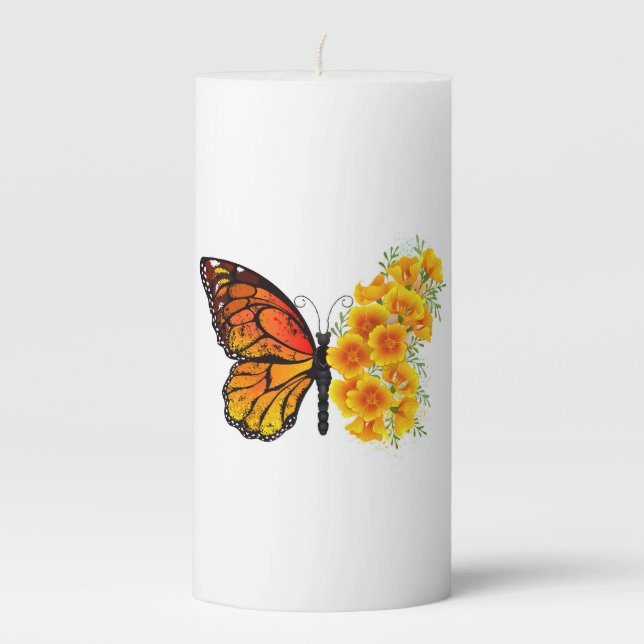 Flower Butterfly with Yellow California Poppy Pillar Candle (Front)