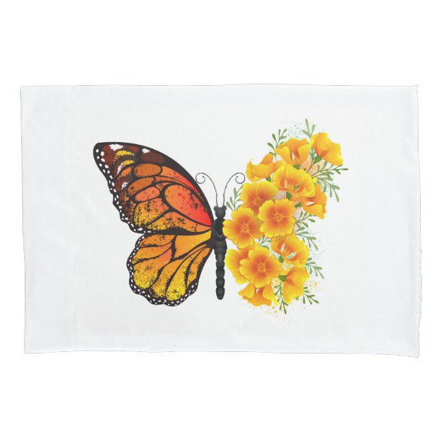 Flower Butterfly with Yellow California Poppy Pillow Case (Front-Left)