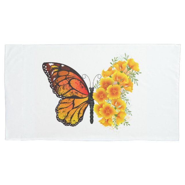 Flower Butterfly with Yellow California Poppy Pillow Case (Front-Left)