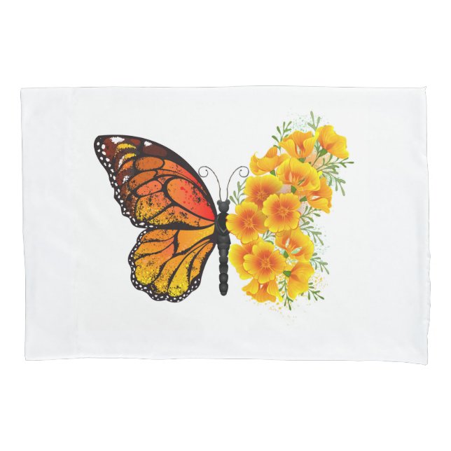 Flower Butterfly with Yellow California Poppy Pillow Case (Front)