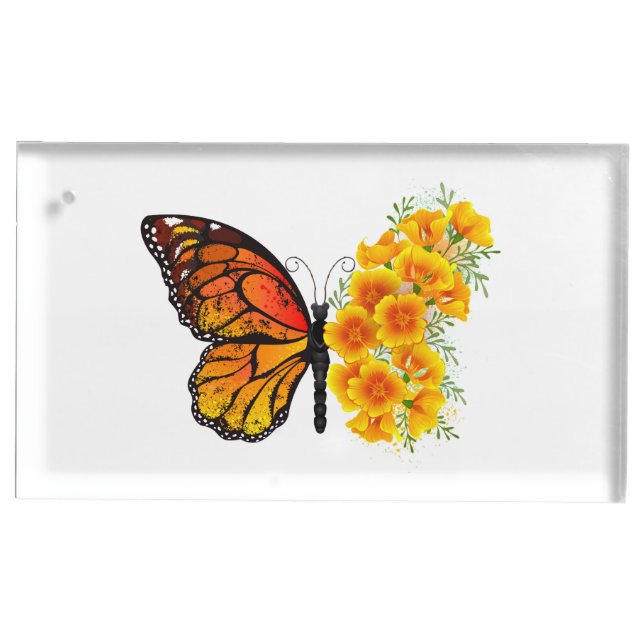 Flower Butterfly with Yellow California Poppy Place Card Holder (Front)