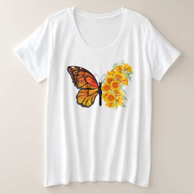 Flower Butterfly with Yellow California Poppy Plus Size T-Shirt (Design Front)