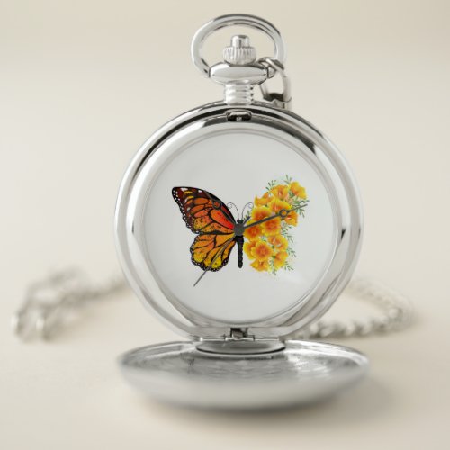 Flower Butterfly with Yellow California Poppy Pocket Watch