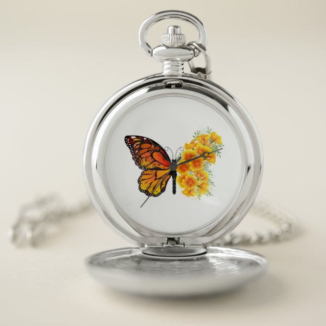 Flower Butterfly with Yellow California Poppy Pocket Watch (Inside)