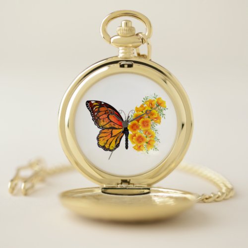 Flower Butterfly with Yellow California Poppy Pocket Watch