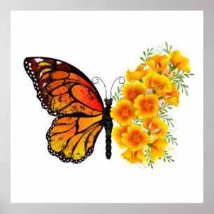 Flower Butterfly with Yellow California Poppy Poster