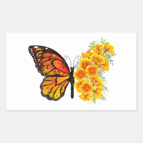Flower Butterfly with Yellow California Poppy Rectangular Sticker
