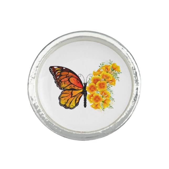 Flower Butterfly with Yellow California Poppy Ring (Front)