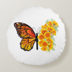 Flower Butterfly with Yellow California Poppy Round Pillow