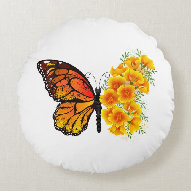Flower Butterfly with Yellow California Poppy Round Pillow (Front)