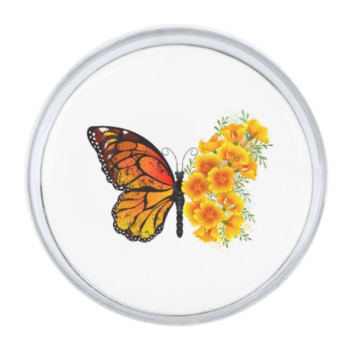 Flower Butterfly with Yellow California Poppy Silver Finish Lapel Pin