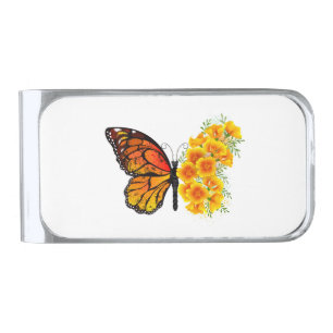 Flower Butterfly with Yellow California Poppy Silver Finish Money Clip