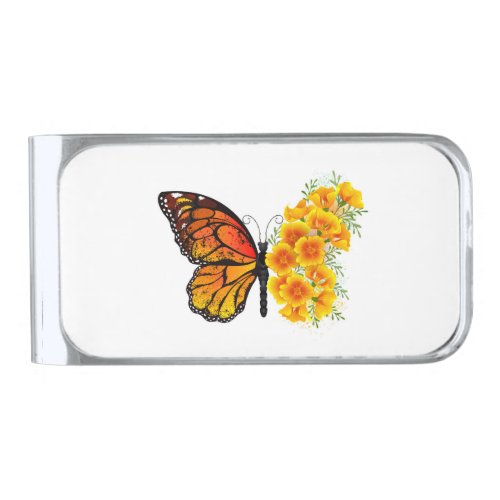 Flower Butterfly with Yellow California Poppy Silver Finish Money Clip