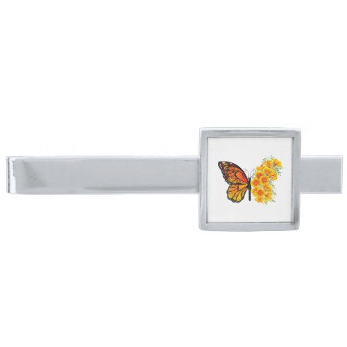 Flower Butterfly with Yellow California Poppy Silver Finish Tie Bar