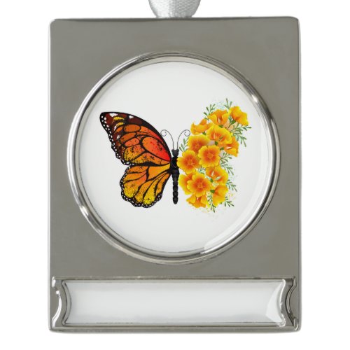 Flower Butterfly with Yellow California Poppy Silver Plated Banner Ornament