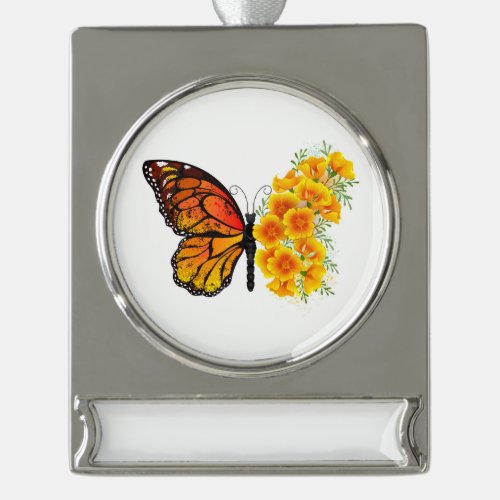 Flower Butterfly with Yellow California Poppy Silver Plated Banner Ornament