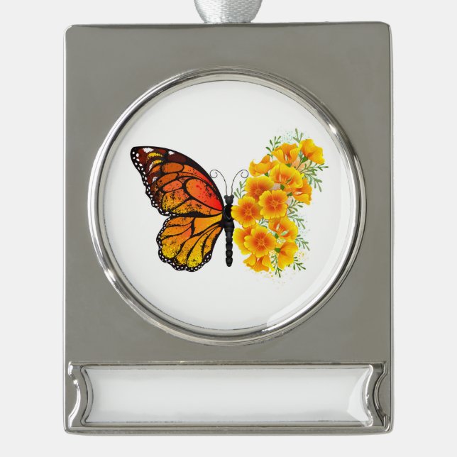 Flower Butterfly with Yellow California Poppy Silver Plated Banner Ornament (Front)