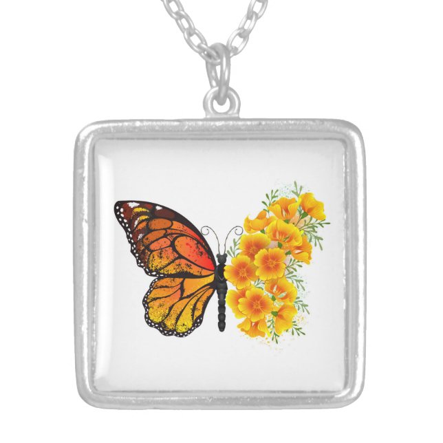 Flower Butterfly with Yellow California Poppy Silver Plated Necklace (Front)