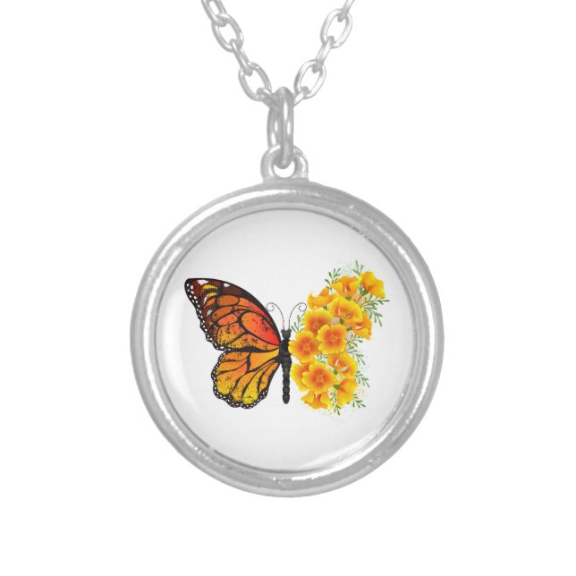 Flower Butterfly with Yellow California Poppy Silver Plated Necklace (Front)