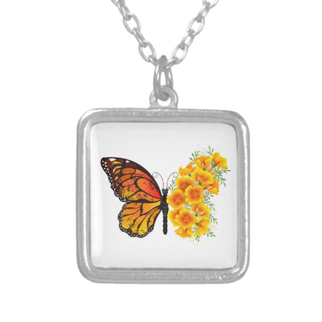 Flower Butterfly with Yellow California Poppy Silver Plated Necklace (Front)