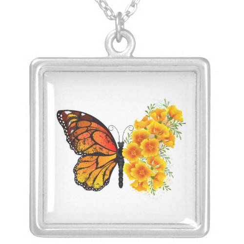 Flower Butterfly with Yellow California Poppy Silver Plated Necklace