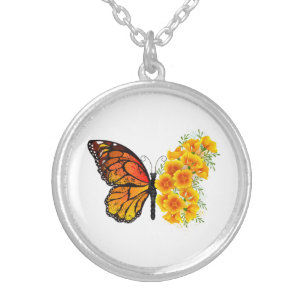 Flower Butterfly with Yellow California Poppy Silver Plated Necklace