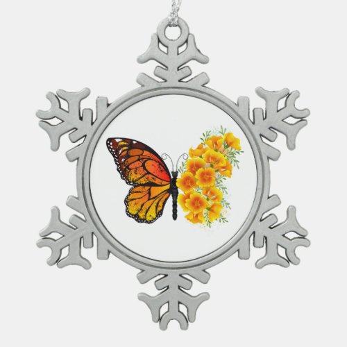 Flower Butterfly with Yellow California Poppy Snowflake Pewter Christmas Ornament