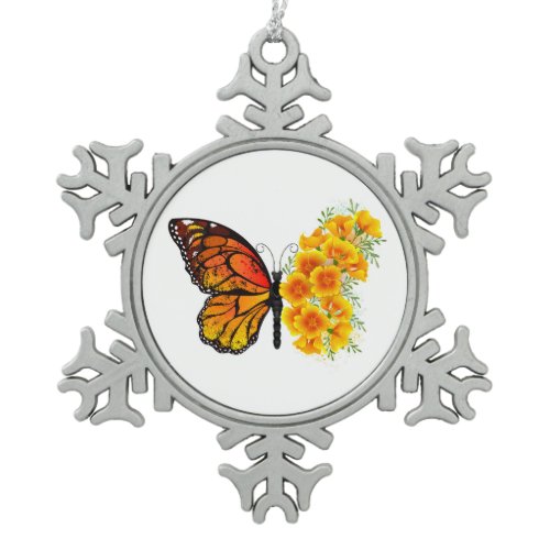 Flower Butterfly with Yellow California Poppy Snowflake Pewter Christmas Ornament