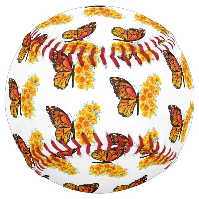 Flower Butterfly with Yellow California Poppy Softball (Front)