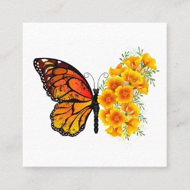 Flower Butterfly with Yellow California Poppy Square Business Card (Front)