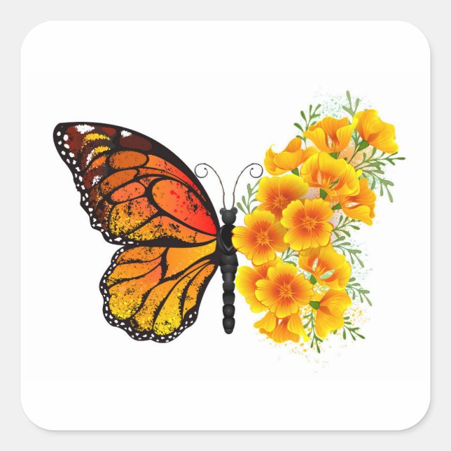 Flower Butterfly with Yellow California Poppy Square Sticker (Front)