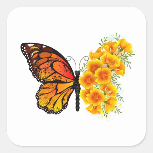 Flower Butterfly with Yellow California Poppy Square Sticker