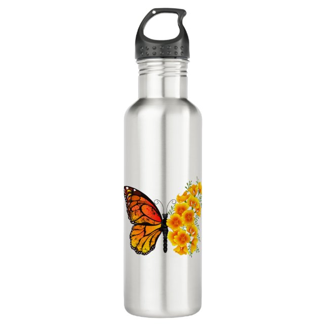 Flower Butterfly with Yellow California Poppy Stainless Steel Water Bottle (Front)