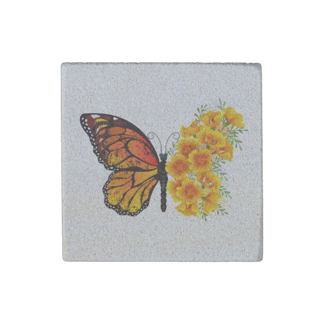 Flower Butterfly with Yellow California Poppy Stone Magnet (Front)