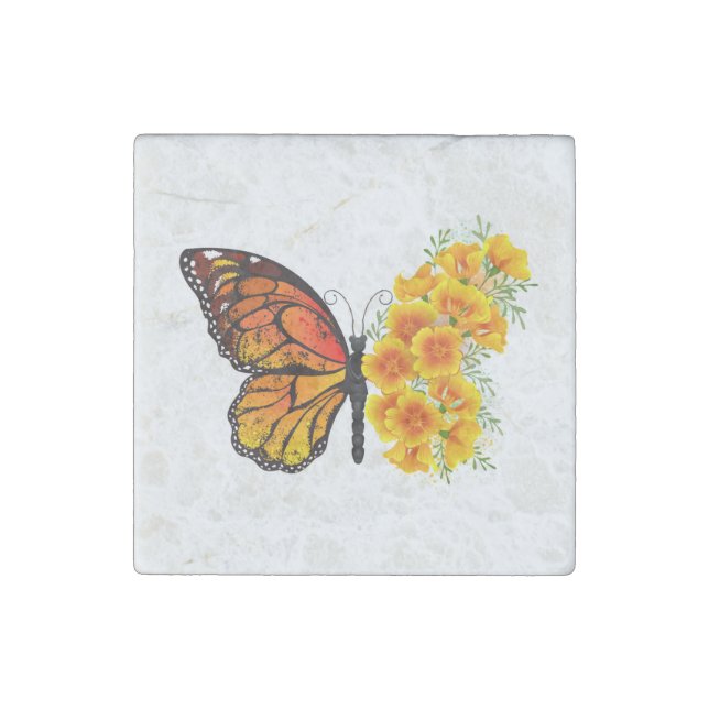 Flower Butterfly with Yellow California Poppy Stone Magnet (Front)