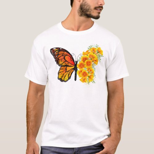 Flower Butterfly with Yellow California Poppy T_Shirt