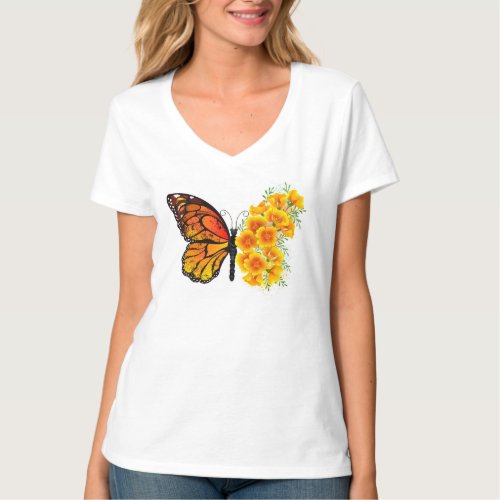 Flower Butterfly with Yellow California Poppy T_Shirt