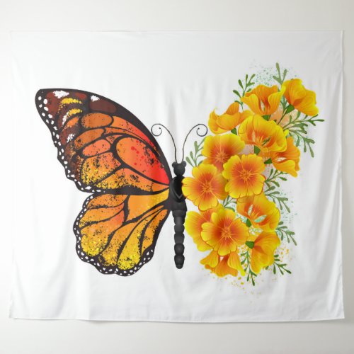 Flower Butterfly with Yellow California Poppy Tapestry