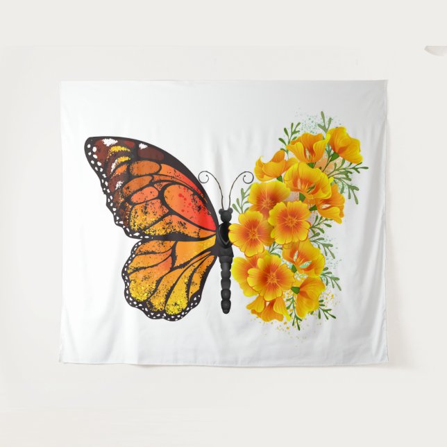 Flower Butterfly with Yellow California Poppy Tapestry (Front (Horizontal))
