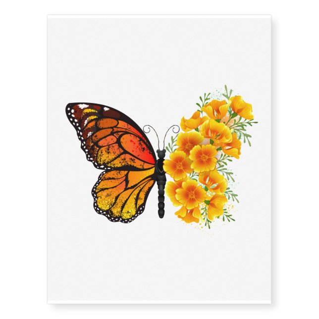 Flower Butterfly with Yellow California Poppy Temporary Tattoos (Front)