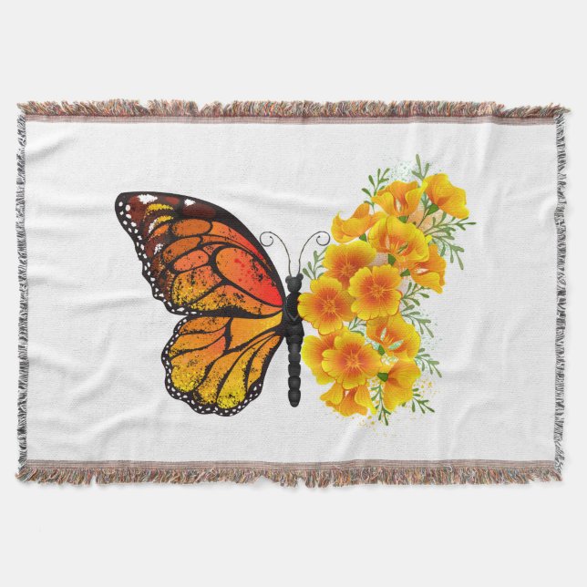 Flower Butterfly with Yellow California Poppy Throw Blanket (Front)