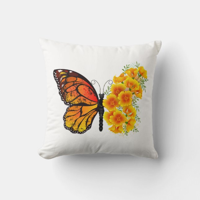 Flower Butterfly with Yellow California Poppy Throw Pillow (Front)
