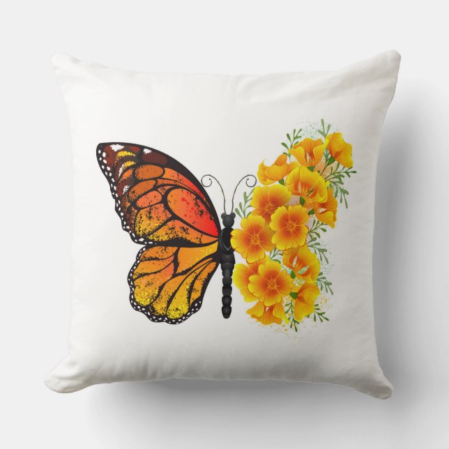 Flower Butterfly with Yellow California Poppy Throw Pillow (Front)
